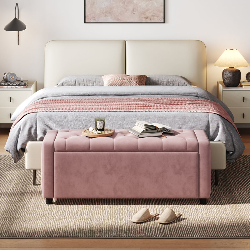Banc de rangement rembourré Benedetto, Velours Capri rose