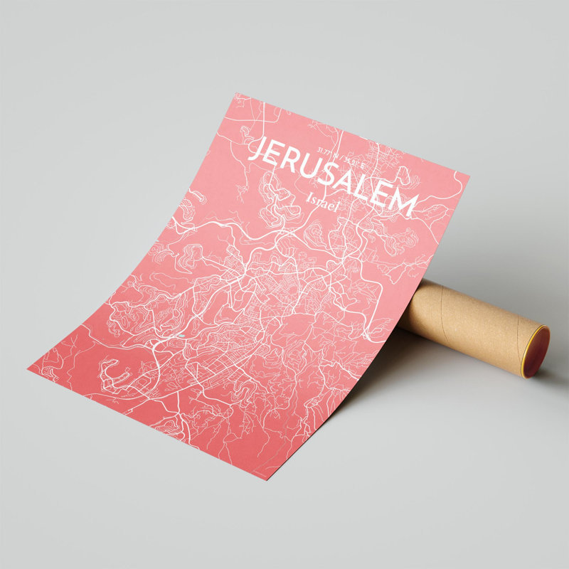 Carte de la ville de Jérusalem, impression de luxe, Rose / bleu pastel, H 24 po x l 18 po