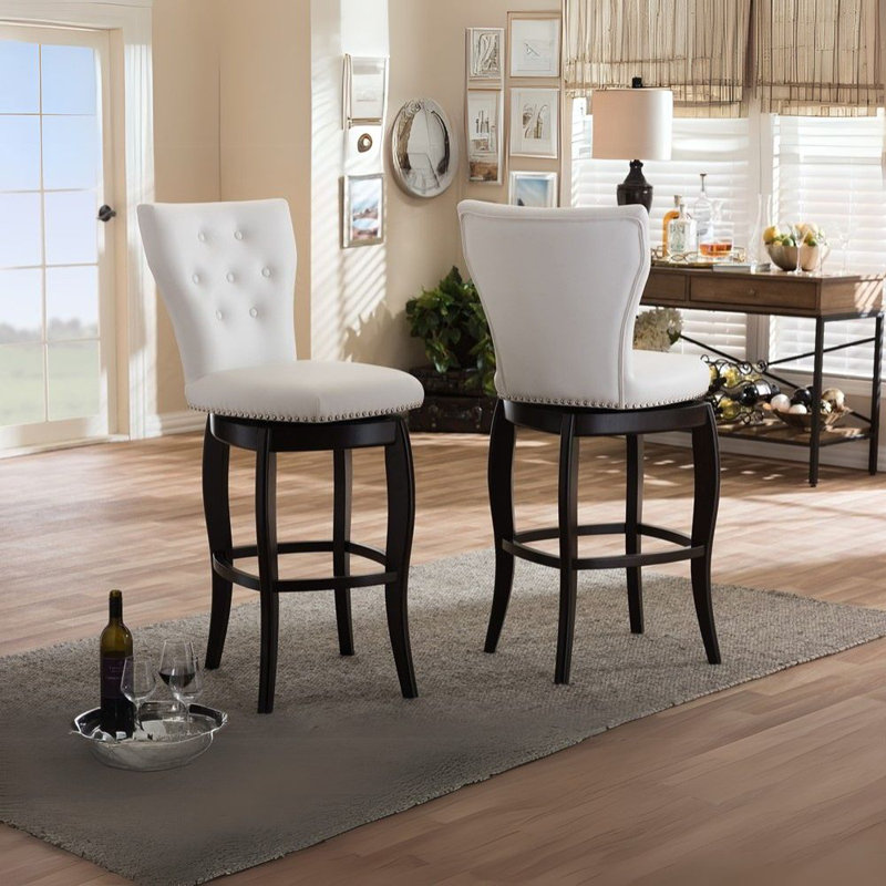 White Faux Leather Button-Tufted Swivel Bar Stools with Dark Wood Legs, Set of 2