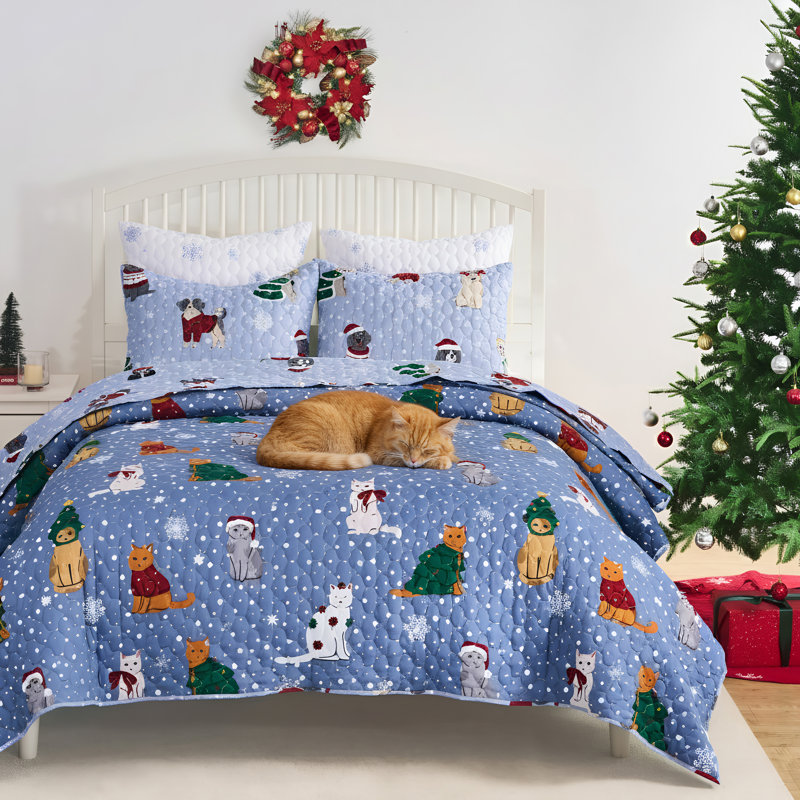 Greenland Home Fashions Winter Whiskers Blue 3-Piece King Size Quilt Set 105x95 + 20x36 (2), King Quilt + 2 King Pillow Shams