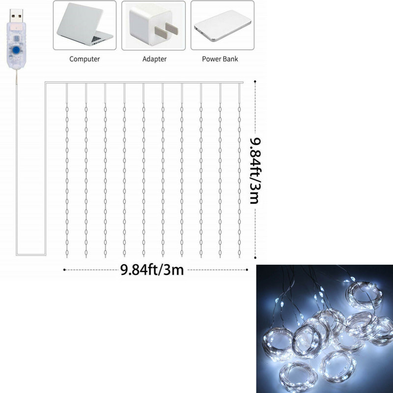Abdulshakur 9.8Ftx 9.8Ft Window Curtain String Light Waterproof 300 LED Fairy Lights Remote Control, Cold White