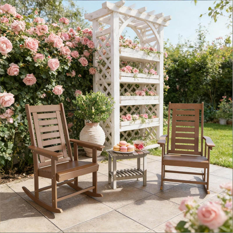 Chaises berçantes en PEHD confortables, ensemble 2 pièces, détente en plein air rustique