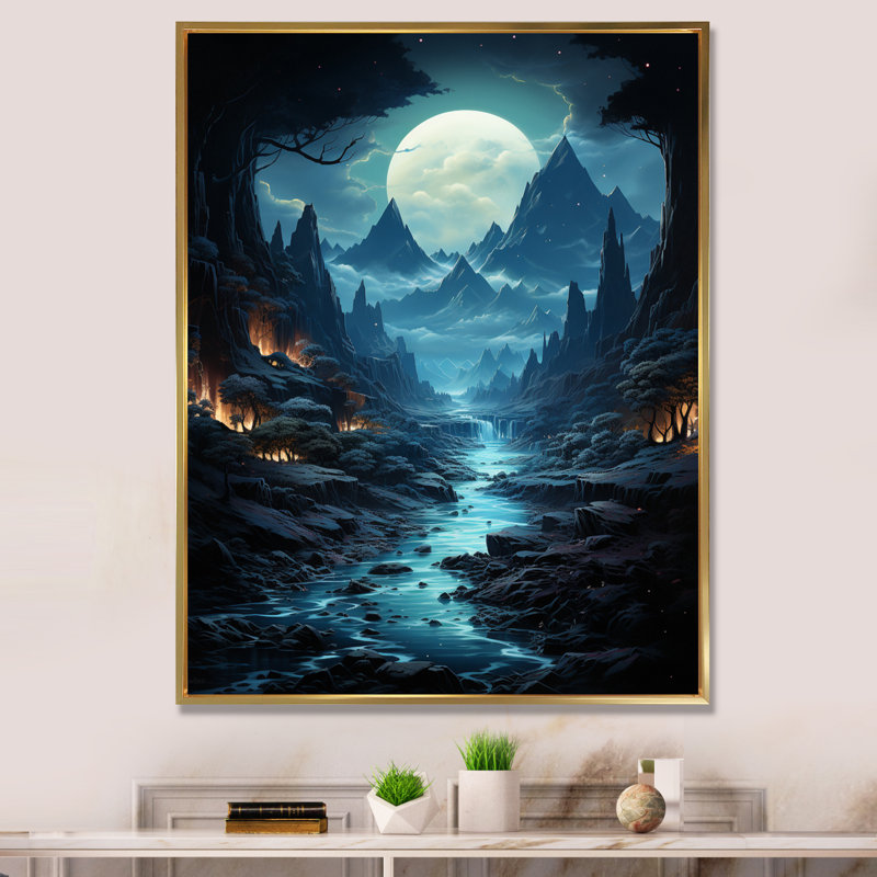 Blue Moon Mountain Landscape - impression, Cadre flottant doré, H 44 po x l 34 po x P 1,5 po