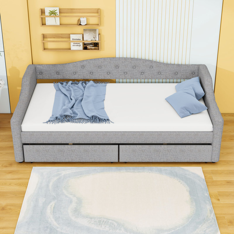 2 Drawers Upholstered Twin XL Daybed with LED Lighting, Beige