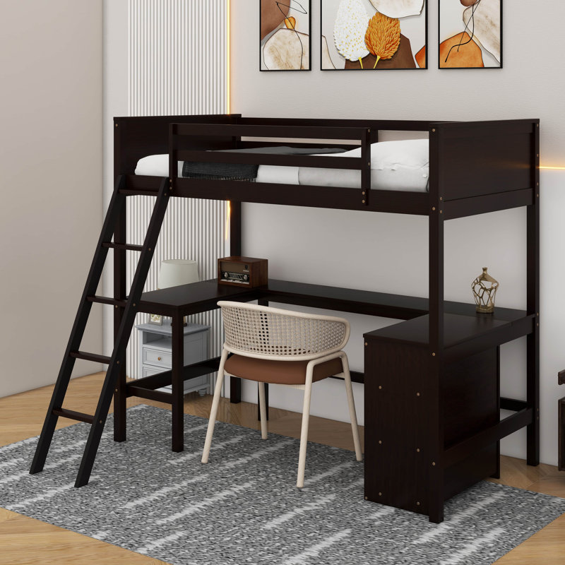 Lit mezzanine simple avec tablettes et bureau, Espresso