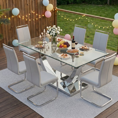 Modern 63" Rectangular Glass Dining Set with Metal Base