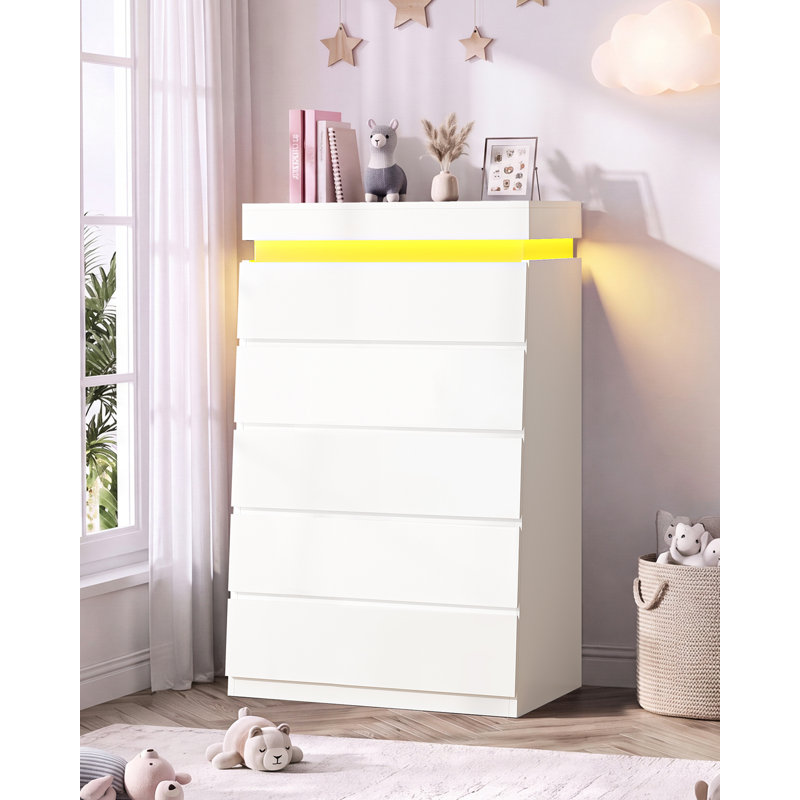 Commode haute 5 tiroirs avec lumière DEL, Blanc