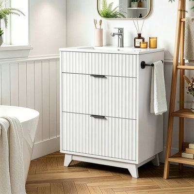 24'' White Vanity With Slatted Design, Includes Ceramic Sink