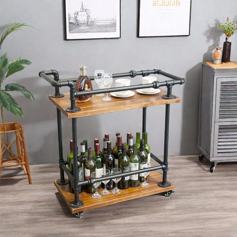 Chariot-bar industriel, tablette en bois massif à deux niveaux, chariot de service en fer avec roues verrouillables, chariot de service pour bar domestique
