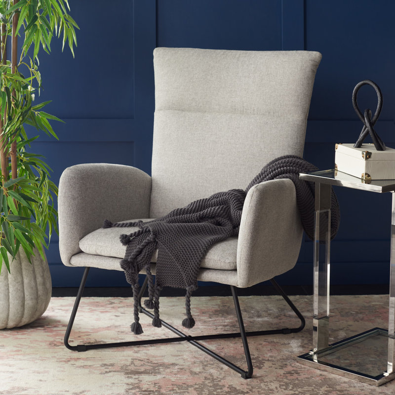 Mid-Century Modern Light Gray Velvet Armchair with Metal Cross Base