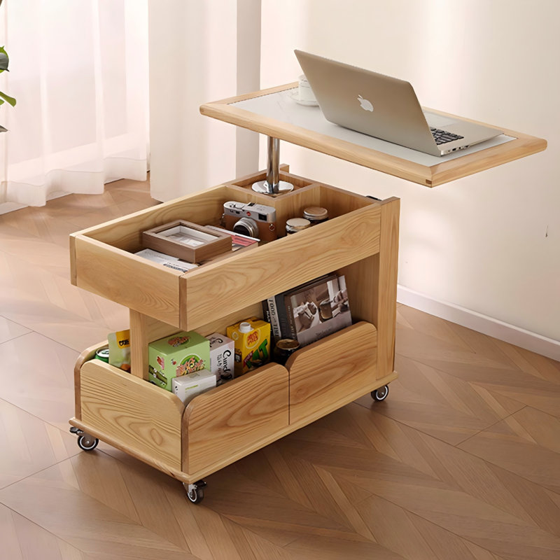 Modern Minimalist Solid Wood Natural Color Height - Adjustable Rotating Mobile Side Table
