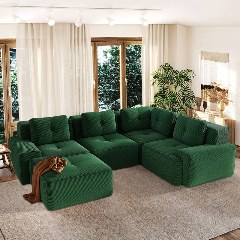 Canapé modulaire en velours côtelé 5 pièces avec repose-pieds mobile Dravon, Velours côtelé vert