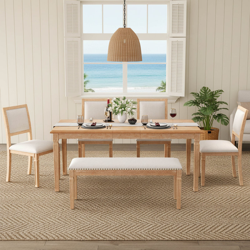 Ensemble de table de salle à manger extensible Farmhouse pour table rustique 6, 59 à 72 pouces avec 4 chaises et banc, finition naturelle délavée