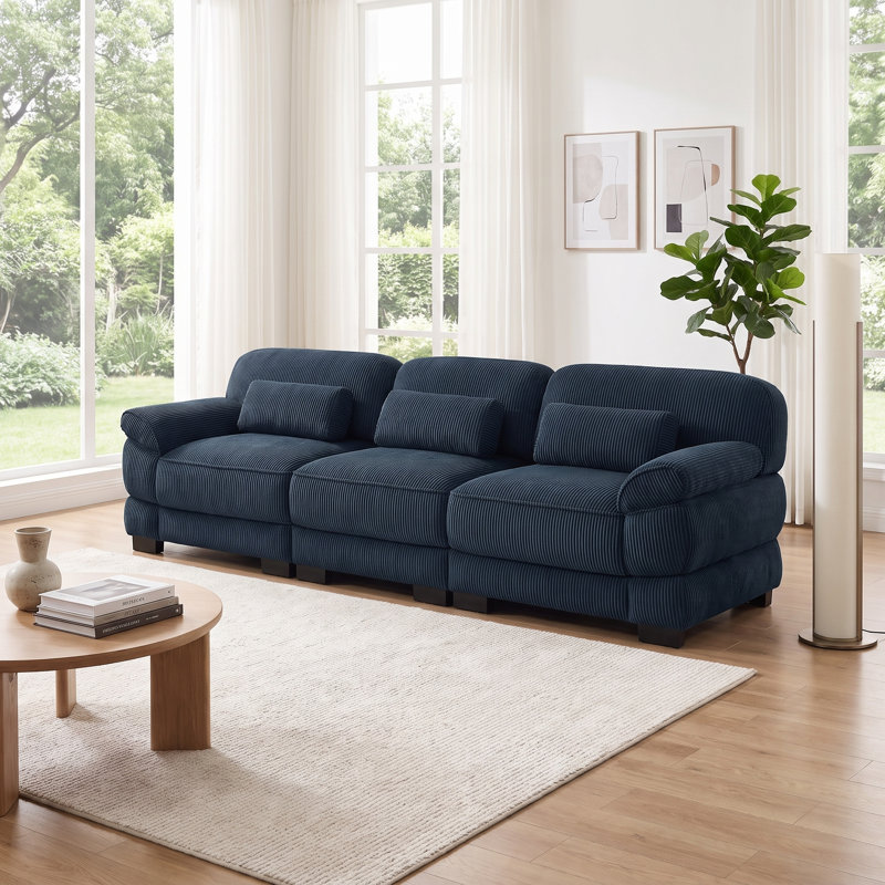 Canapé modulable 3 places, en velours côtelé avec coussins d'assise pour salon, appartement, Bleu