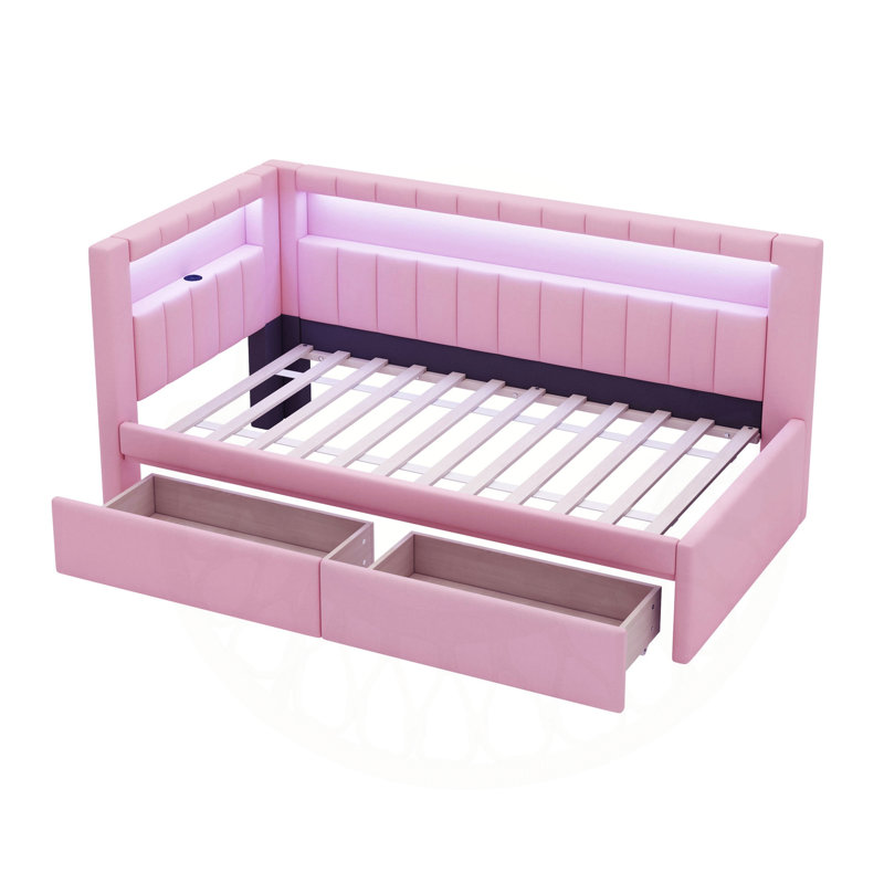 Lit plateforme élégant avec USB et DEL, options de rangement supplémentaires, Rose