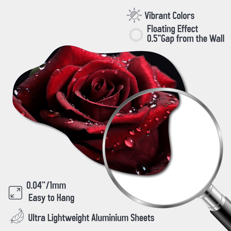 Rose rouge avec gouttes de pluie II - décoration murale irrégulière en forme de nuage floral en métal, H 27 po x l 35 po