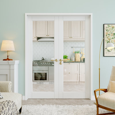 56" x 80" 1-Lite Clear Glass Double Doors, French Doors Slab Replacement, Clear Glass Door Slab, Paintable & Waterproof, Suit for Pantry Door, Laundry Door, Closet Door, Room Door, Home Office Door