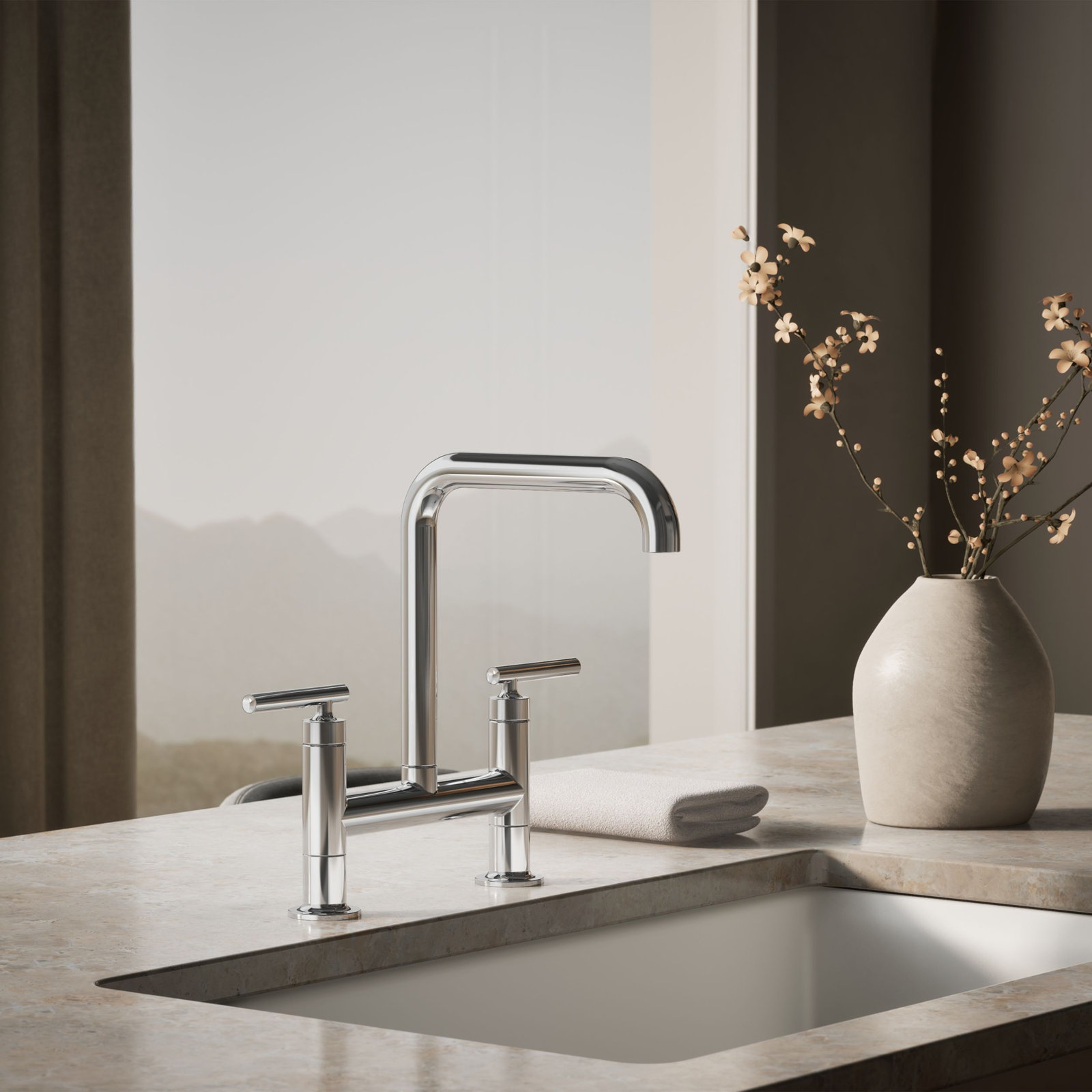Purist Two-Hole Deck-Mount Bridge Kitchen Sink Faucet, Polished Chrome