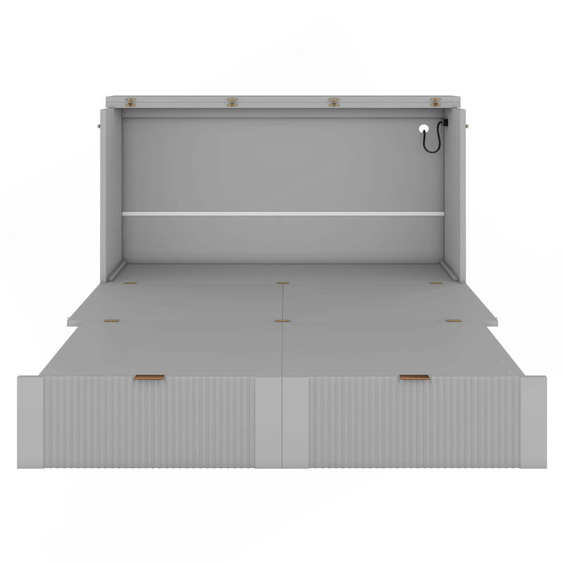 Lit escamotable avec tiroir et ensemble de prises et ports USB, structure de poulie, Gris, Double