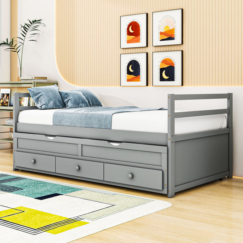 Twin Platform Bed with Twin Trundle and Three Storage Drawers, White