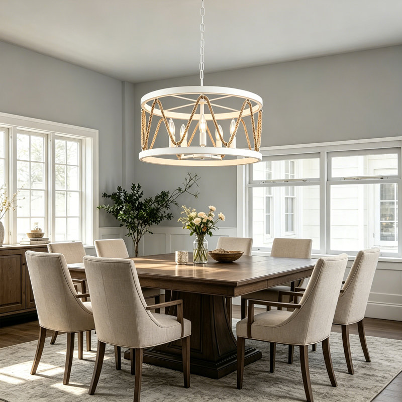 Bellinda 5 - Light Dimmable Drum Chandelier, Boho Adjustable Hemp Rope Pendant for Living Room Kitchen Entryway Hallway Foyer