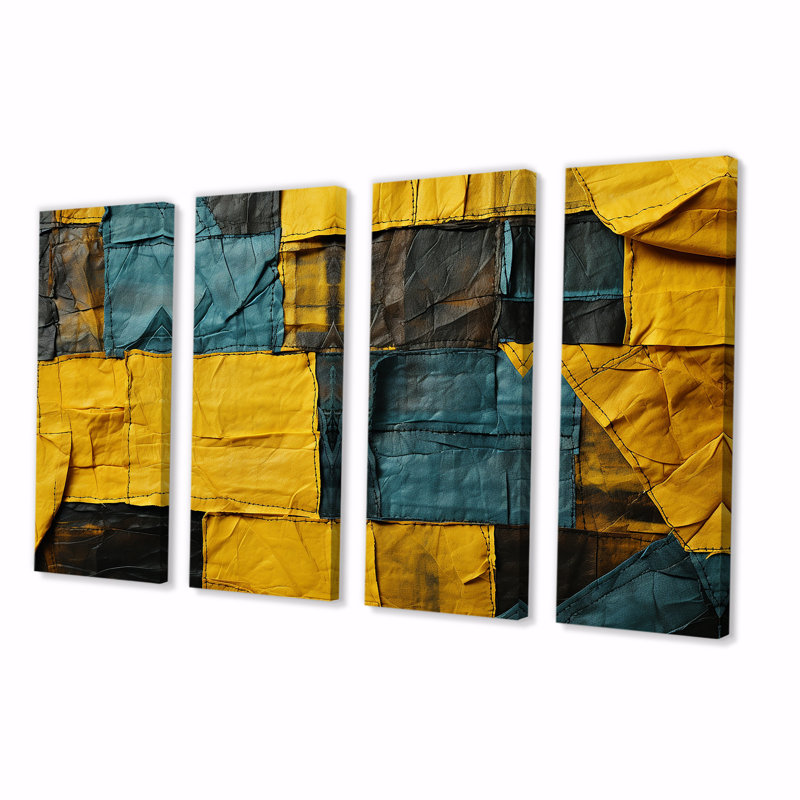 «Yellow and Green Abstract Cube Echoes - Abstract Collages», art mural 4 pièces, H 32 po x l 64 po