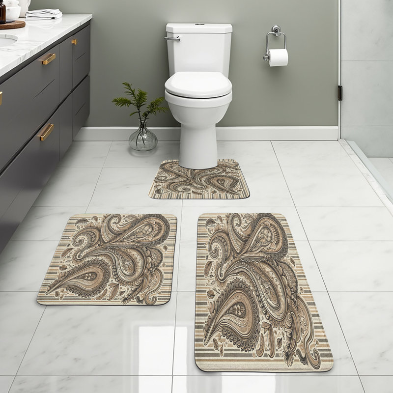  Paisley Bathroom Rug Set 3 Pieces U-Shape & Rectangle Mats Warm Taupe Ivory and Sepia