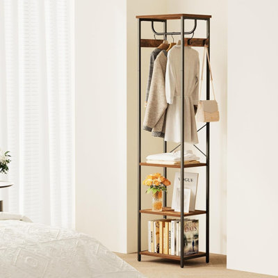 Portant à vêtements autoportant avec 3 tablettes en bois et 4 crochets, portemanteau industriel et rangement pour vêtements, brun rustique et noir