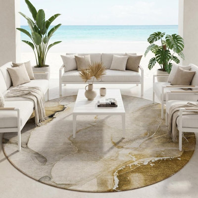 Tapis extérieur rond lavable abstrait beige et brun 8 pi x 8 pi