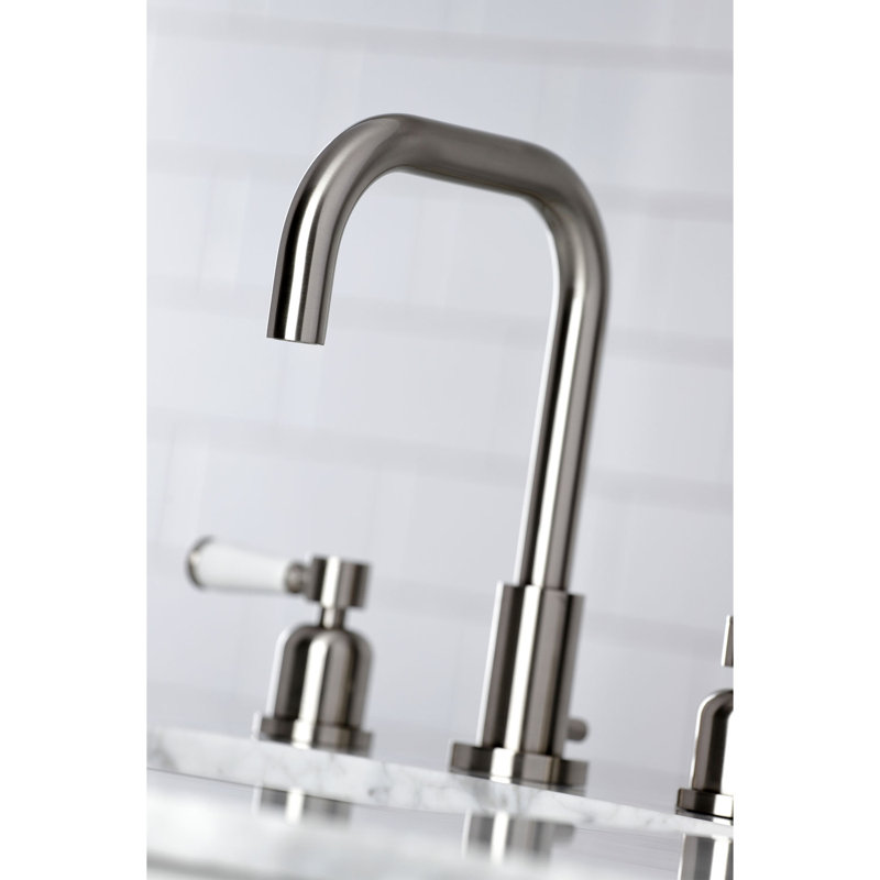 Kingston Brass Two-Handle 3-Hole Deck Mount Widespread Bathroom Faucet with Brass Pop-Up Drain, Round Lever Handle
