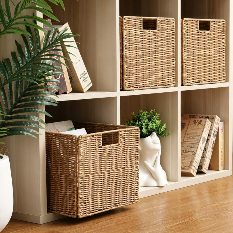 Collapsible Storage Baskets 3-Pack, Handwoven Plastic Wicker Organizer Bins With Handles For Shelves, Pantry, Bedroom, Bathroom And Living Room