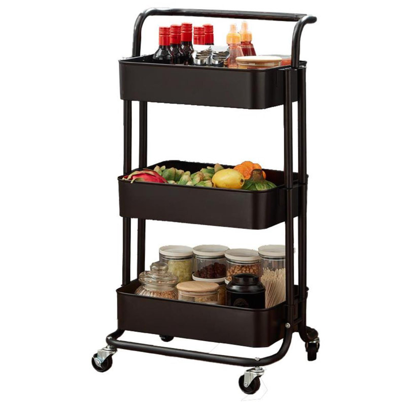 Rosilda 3-Tier Utility Cart Metal Rolling Trolley with Shelves Pink Organiser 90 x 40 x 35 cm, Black