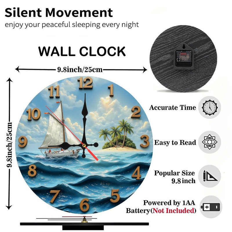 Horloge murale océan voilier île tropicale