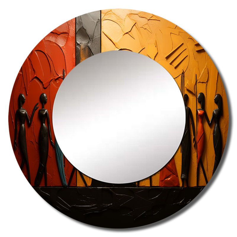 African Tribal Rhythms VIII - African Tribal Wall Mirror, Global Round Decorative Mirror, Printed Metal Art, 23" x 23"