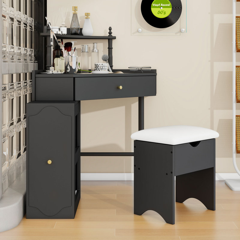 Coiffeuse de coin avec tabouret de rangement rembourré, plateau de table en verre et armoire coulissante amovible, Noir