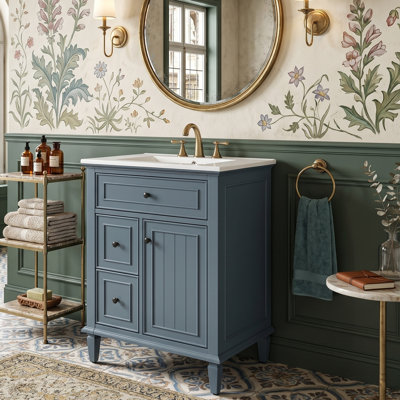Petit meuble-lavabo moderne 24 po avec lavabo en céramique, armoire en bois d'hévéa massif avec tiroir rabattable intelligent et 2 tiroirs latéraux, tablette réglable, bleu-gris autoportant