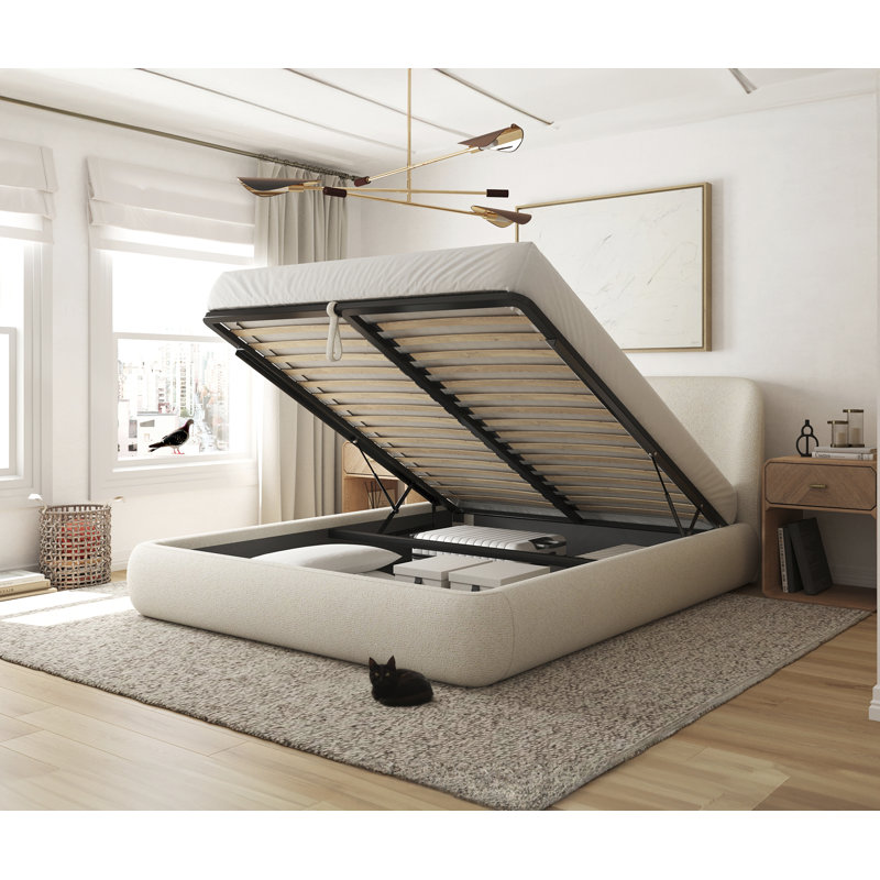 Low-Profile Upholstered Storage Bed with Curved Headboard, King, White