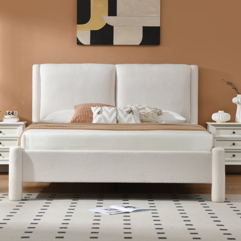 Lit plateforme tapissier avec tête de lit capitonnée, cadre de lit minimaliste moderne pour la chambre à coucher, lit tapissier en tissu doux