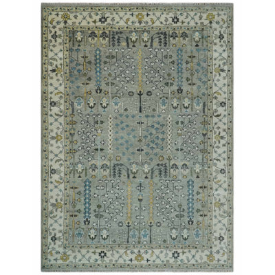 Tapis Oushak traditionnel en argent et ivoire noué à la main Tree Of Life