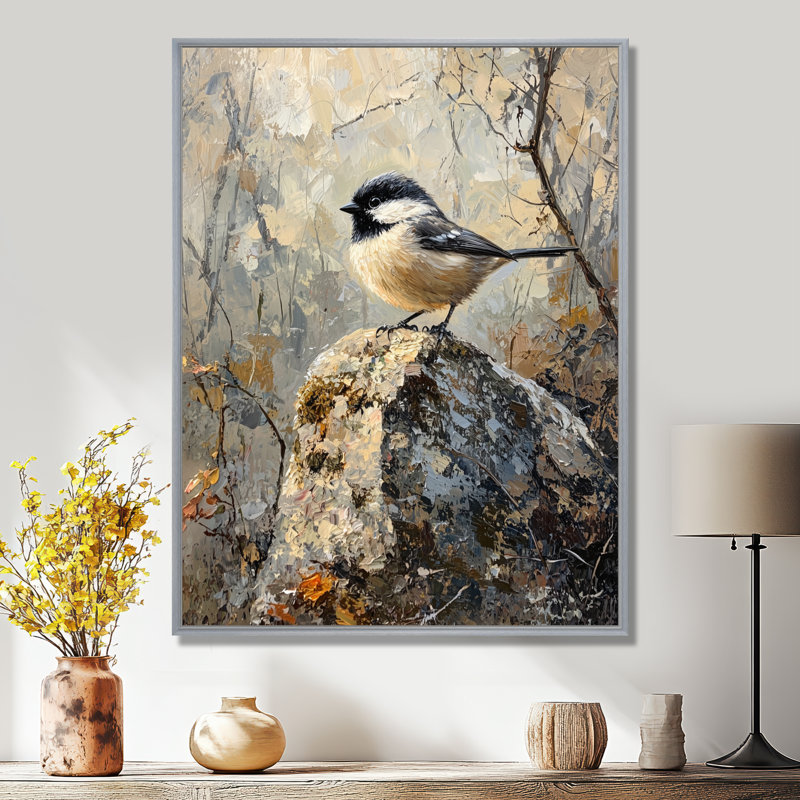 «Lade Chickadee Bird On A Pine Cone III», reproduction d'art sur toile, Argent argent, Impression encadrée flottante