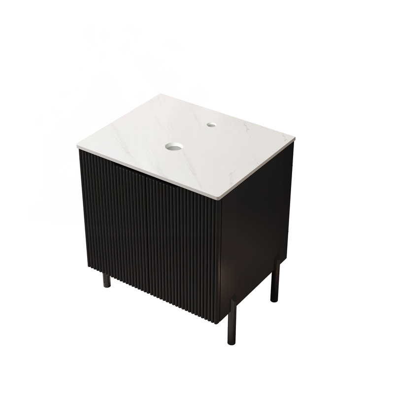 Armoire de salle de bain autoportante de 24 pouces avec plateau en pierre frittée, grande surface résistante aux égratignures et rangement, noir
