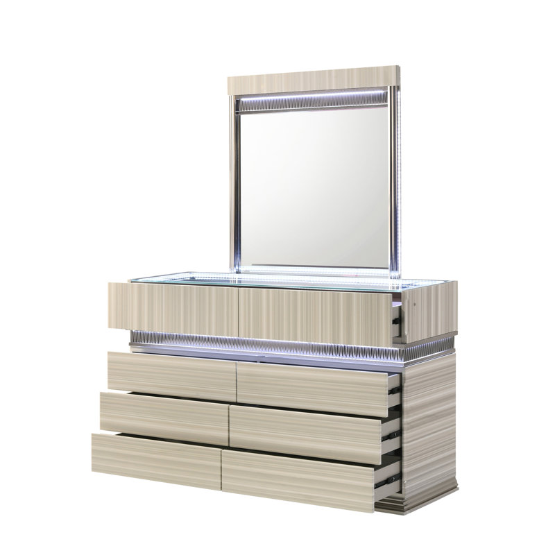 Miroir de style moderne Leonor avec DEL en gris avec détails linéaires épurés