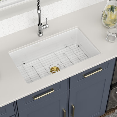 30" L x 18" W Undermount Ceramic Kitchen Sink White Ceramic Kitchen Sink with Grid and Strainer