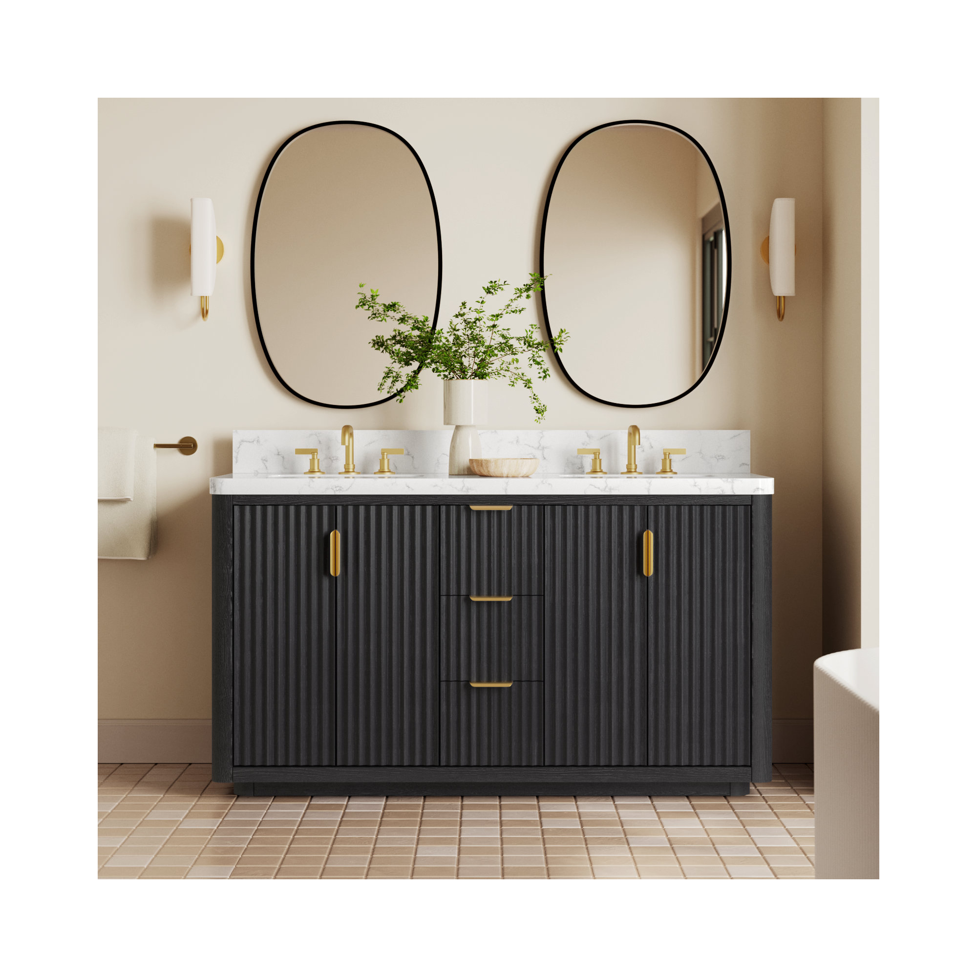 Adela 60'' Double Bathroom Vanity, Black, White, Gold