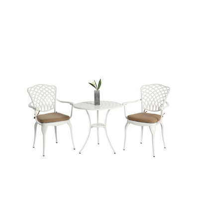 3 Piece Patio Bistro - Cast Aluminum Table And Chairs With Umbrella Hole, Weather , White Cushion For Outdoor Living Enjoyment Resistance Chairs, Enjoyable Time