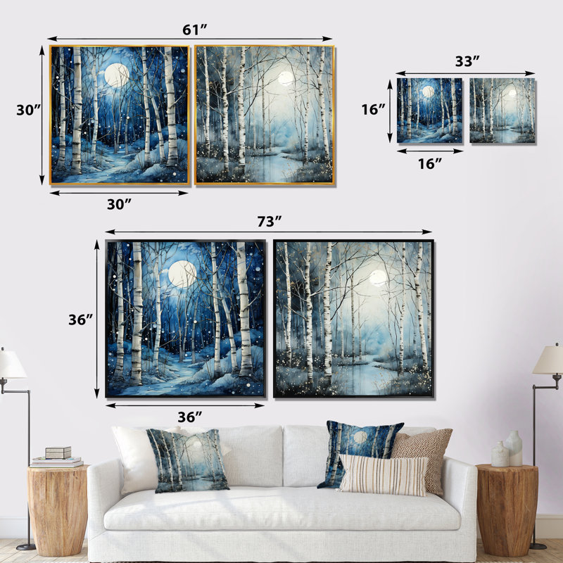 Birch Woods Gilded Pathway I - ensemble de 2 boules carrées, Cadre flottant noir, H 16 po x l 33 po