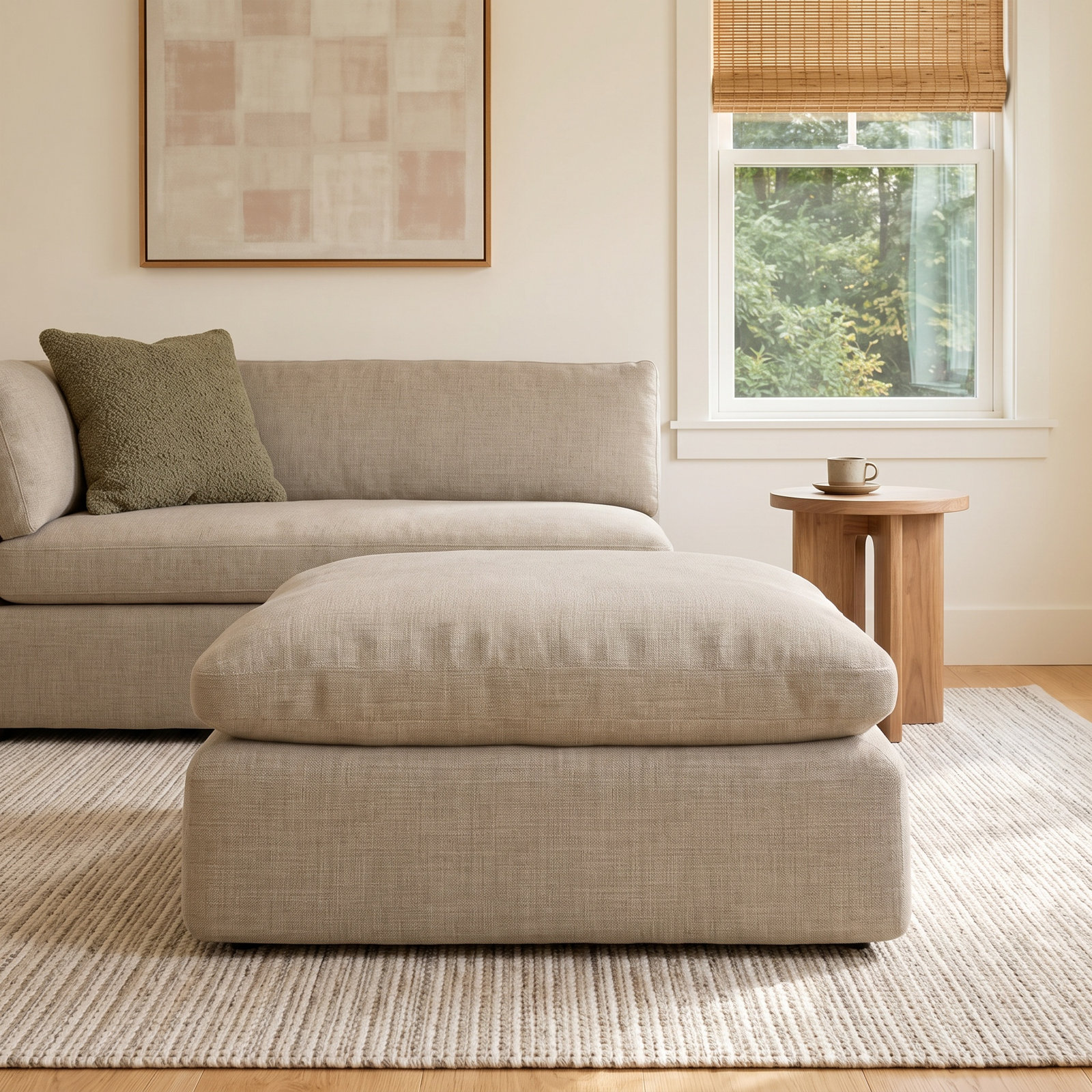 Asher 43" Upholstered Ottoman, Effie Flax Performance Linen