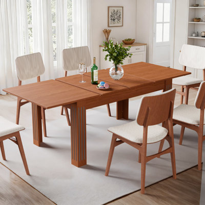 Extendable Kitchen Dining Table, 54"-85" Expandable Rectangular Dinner Table for 4-10 People, Modern Rectangular Dining Table with Sturdy Wood Frame & Waterproof Tabletop, Light Walnut