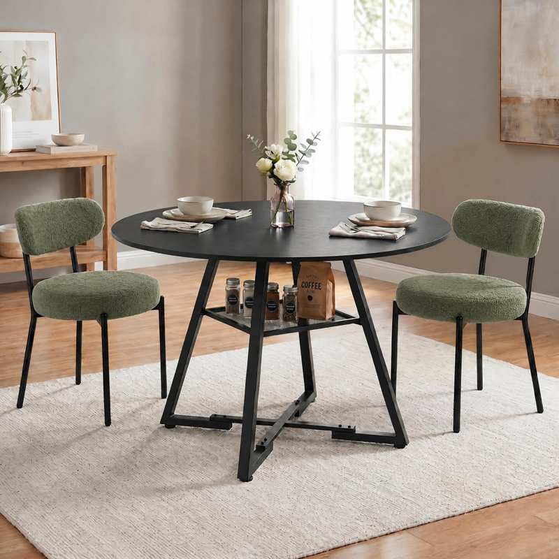Ensemble de table de salle à manger ronde Amous Industrial 47 po avec chaises rembourrées, table de cuisine, Noir/vert