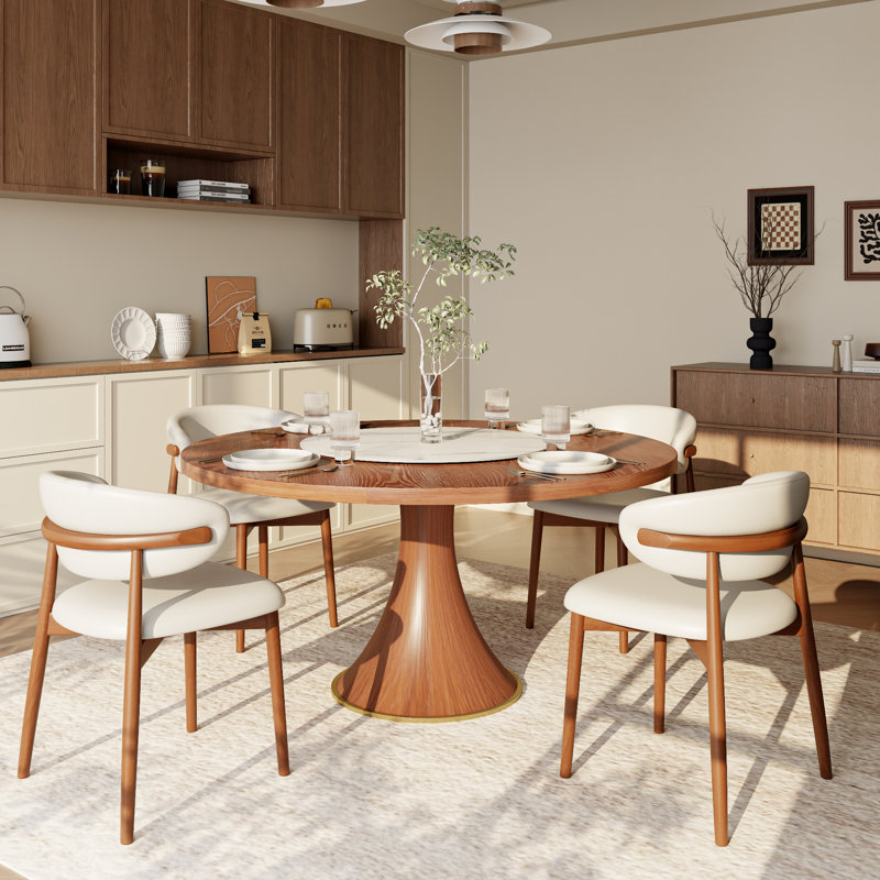Ensemble de table de salle à manger ronde en bois massif avec plateau tournant en pierre (1 table 4/6 chaises)